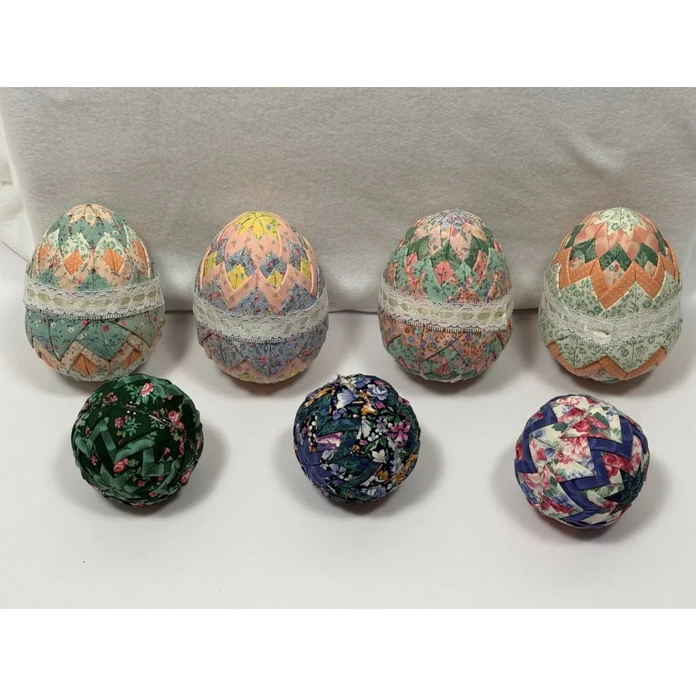 Handmade Quilted Fabric Decorative Eggs & Balls – Patchwork - Lot of 7